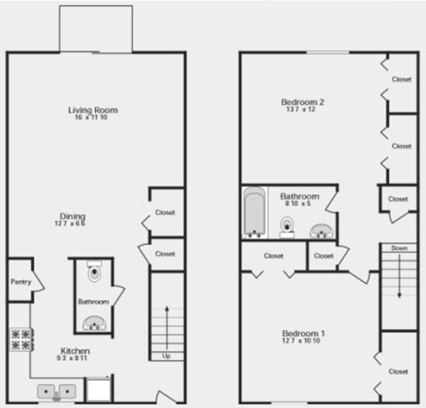 Floor plan for 2 beds, 1.5 baths, 1136 sqft